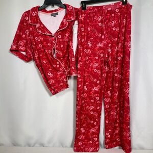 LOFT Sleep Red Floral Peacock Ribbed Wide Leg Pajama Set Women's XL NWT